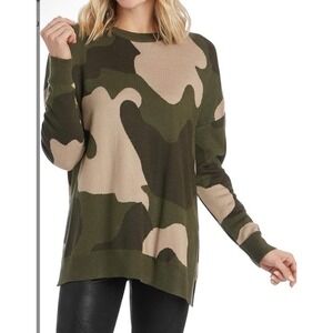 Mud Pie‎ Womens Camouflage Jacquard Sweater Side Slits Green/Tan Sz M
